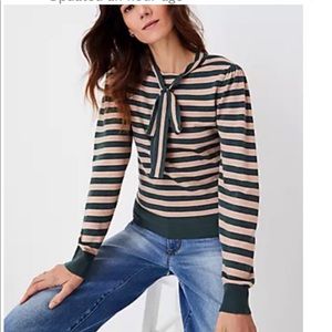 Ann Taylor striped tie neck puffy sleeve thin sweater size medium